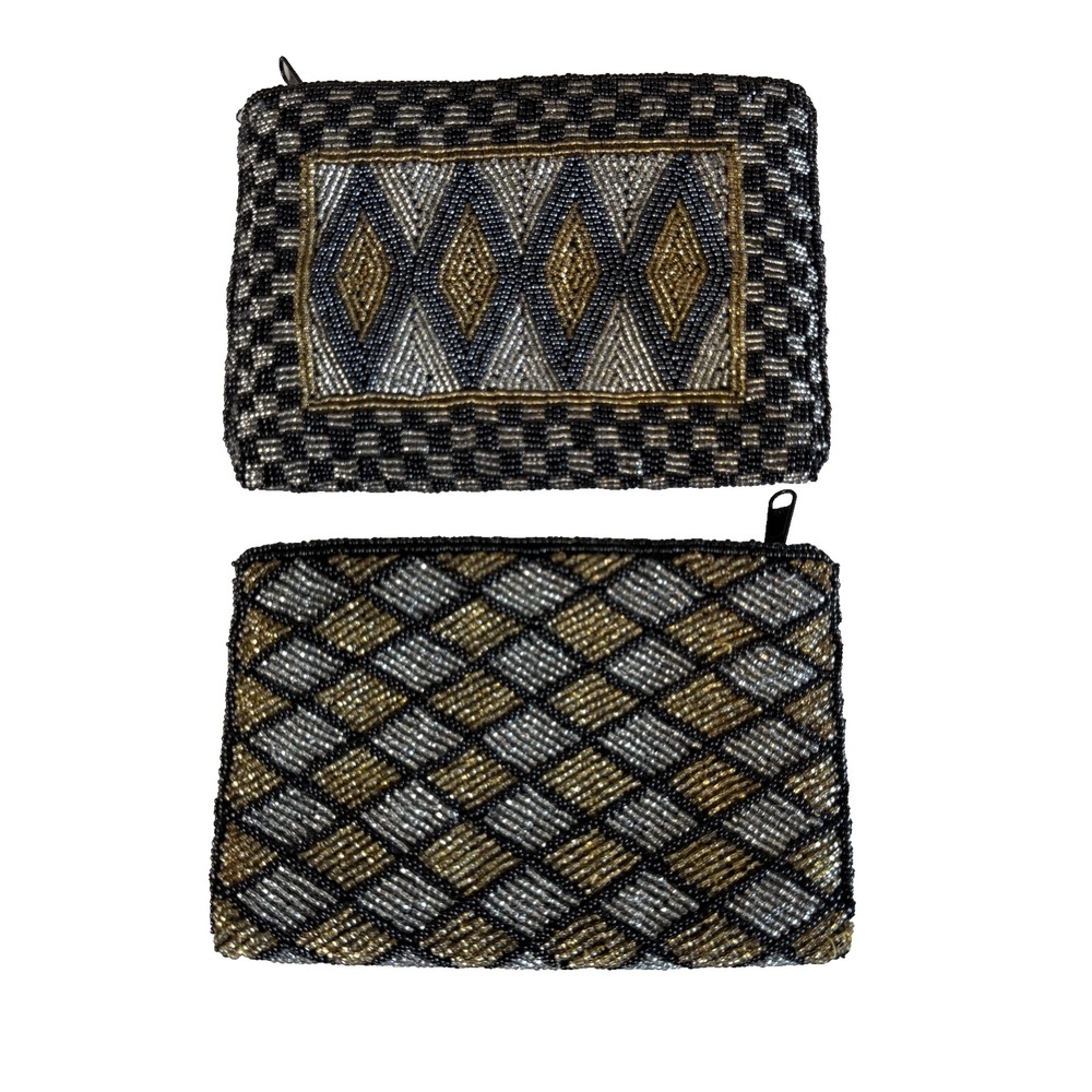VTG Neiman Marcus Beaded Coin Pouches Lot of 2 Black Gold Silver Zip Closure